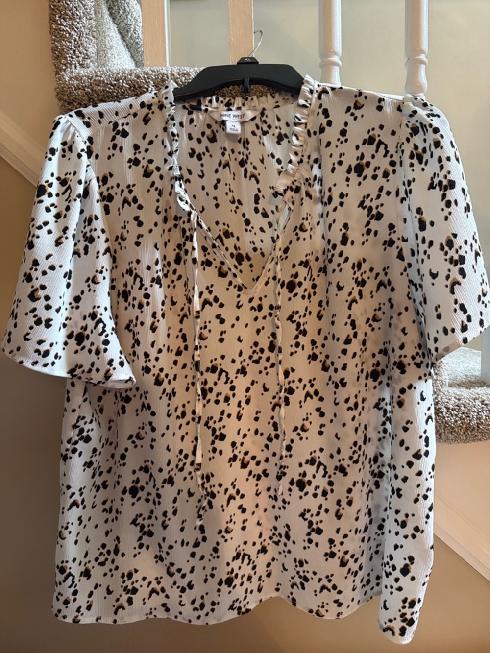 Nine West Cream Blouse with Black Speckle Print and Ruffle V-Neck